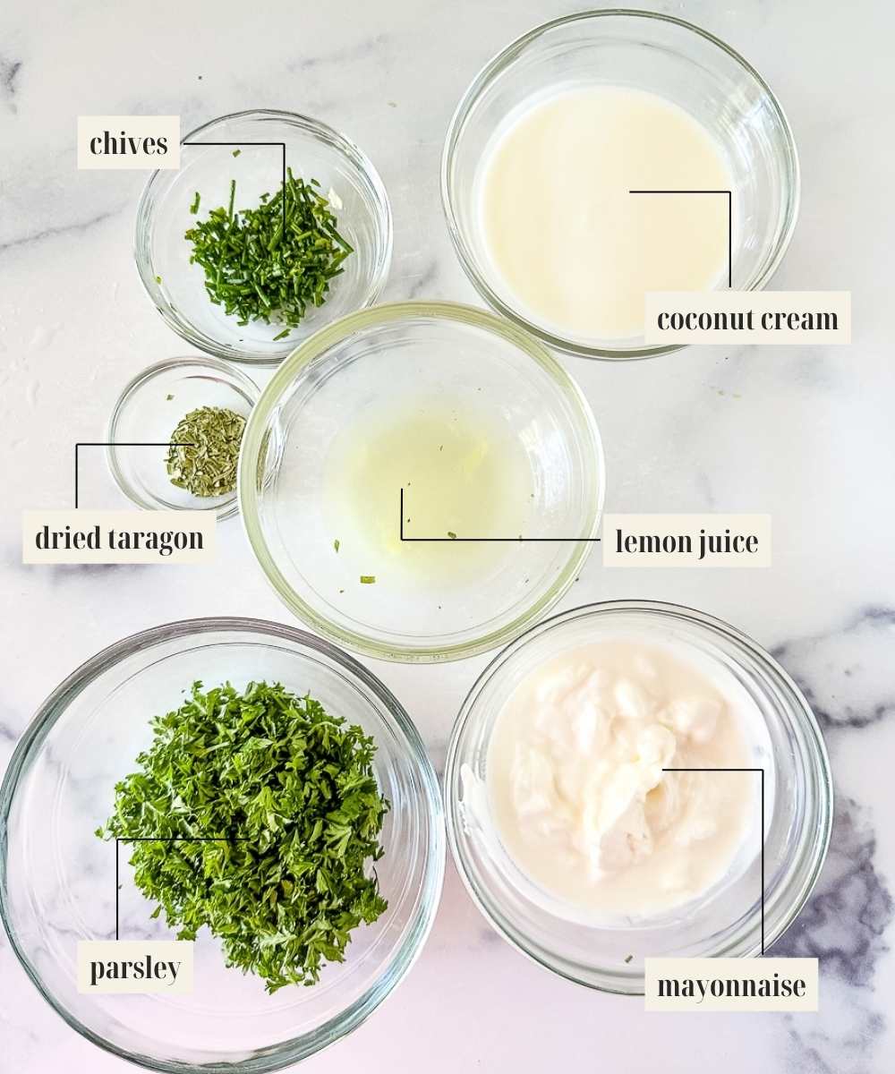Labeled ingredients for green goddess salad dressing.