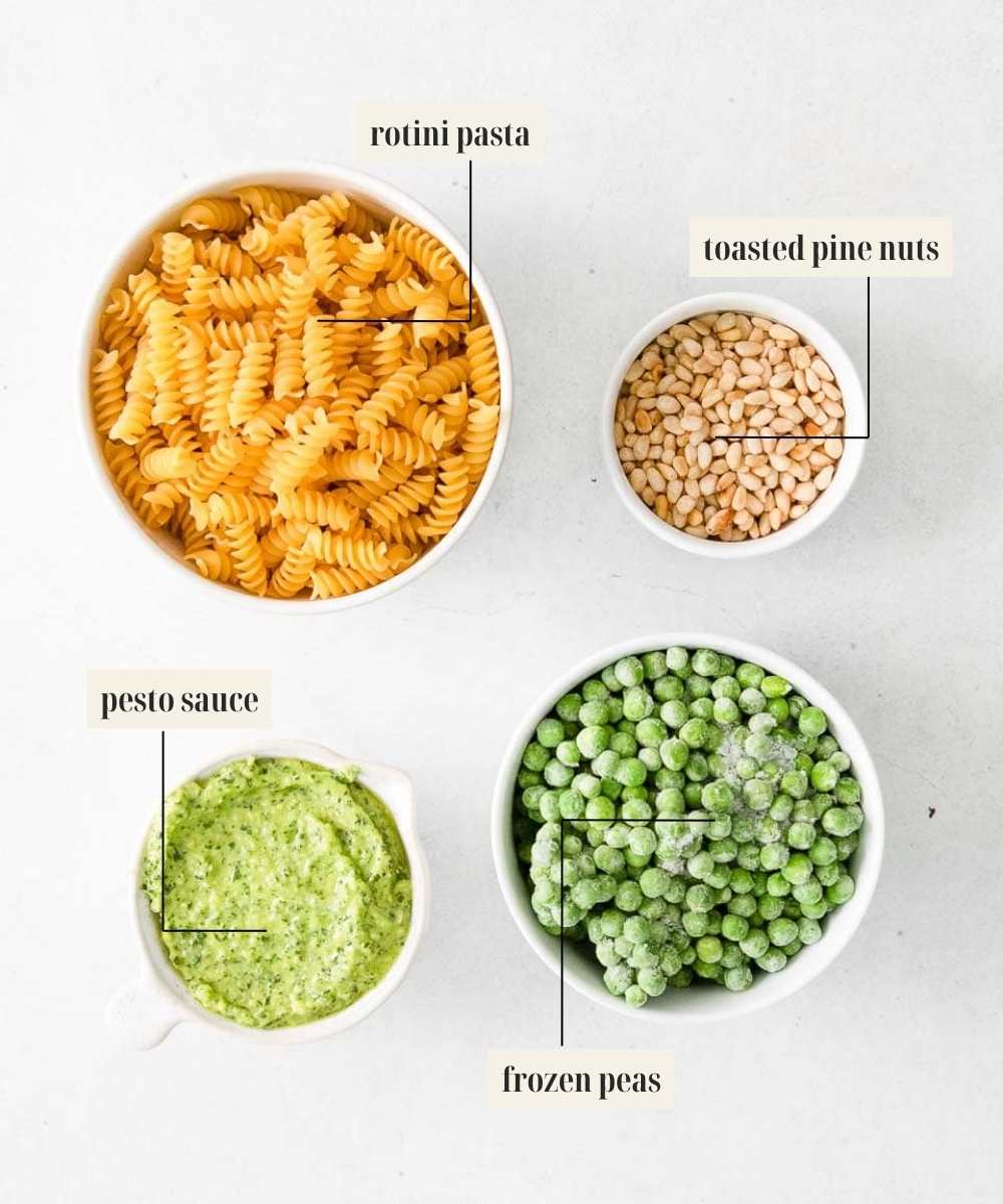 Labeled ingredients for quick pasta and peas.
