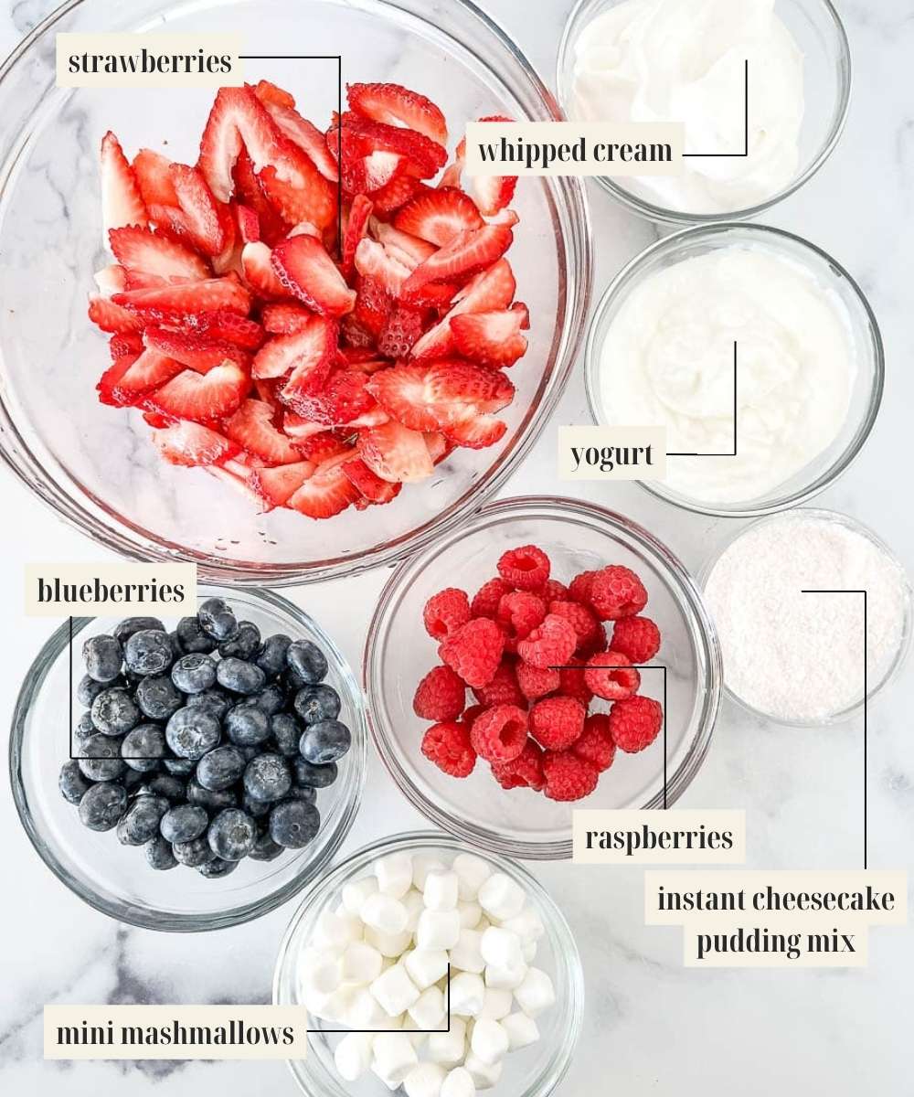 Labeled ingredients image for red white and blue cheesecake salad.