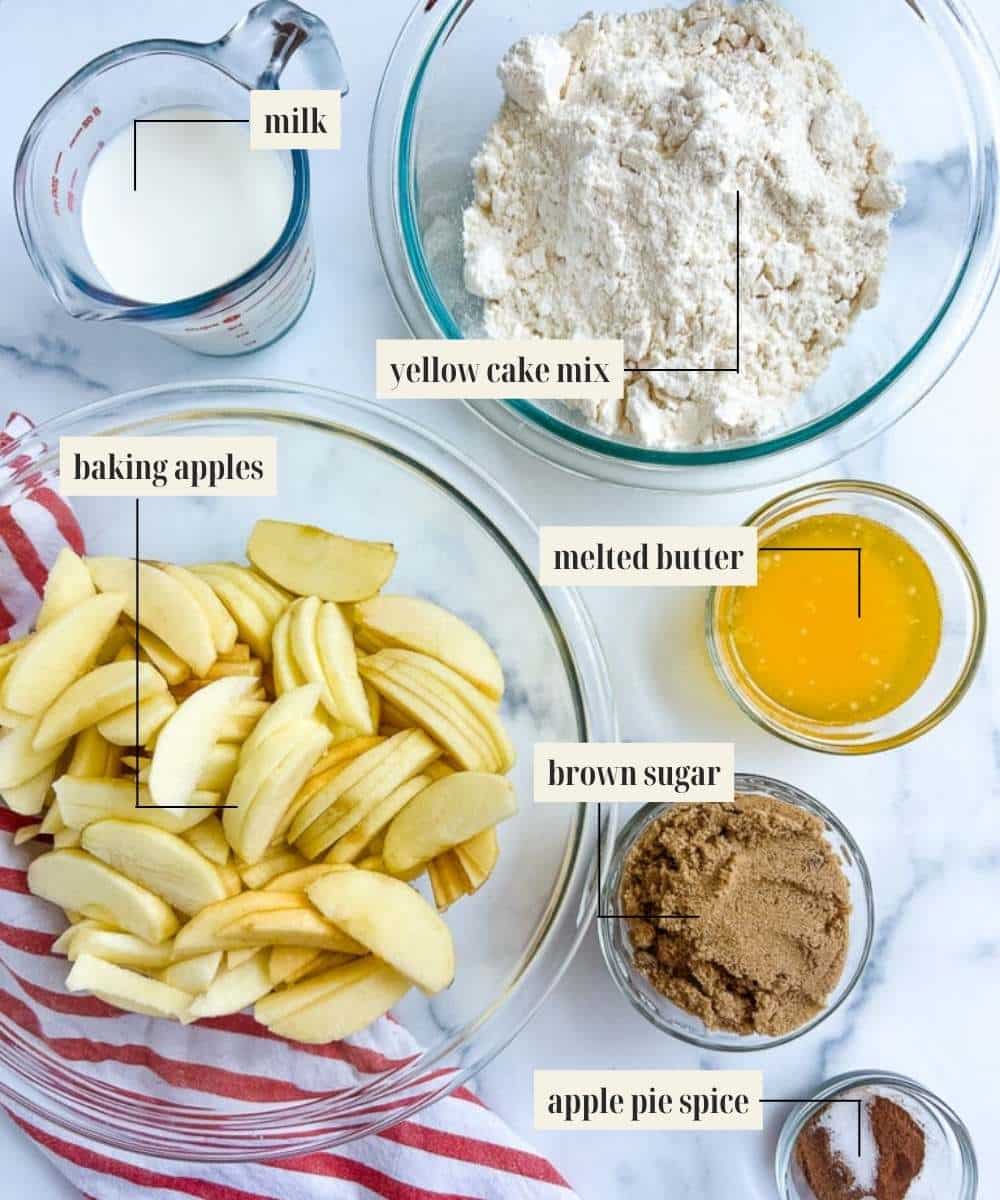 Labeled ingredients for apple cobbler with cake mix.