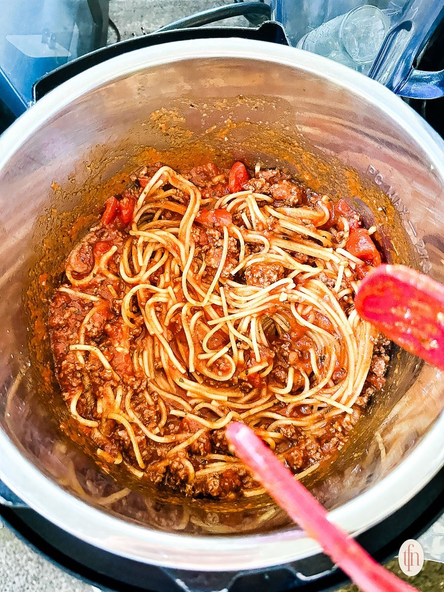 Prepared spaghetti ready to serve from the Instant Pot.