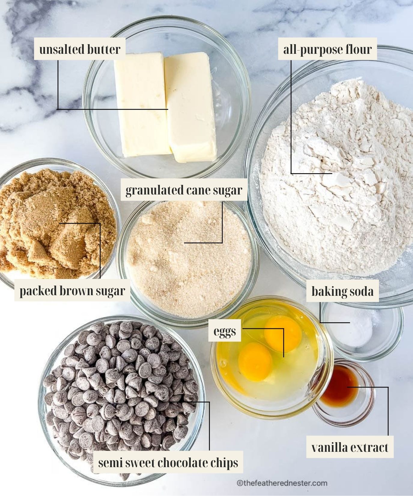 Labeled ingredients for chocolate chip cookies.