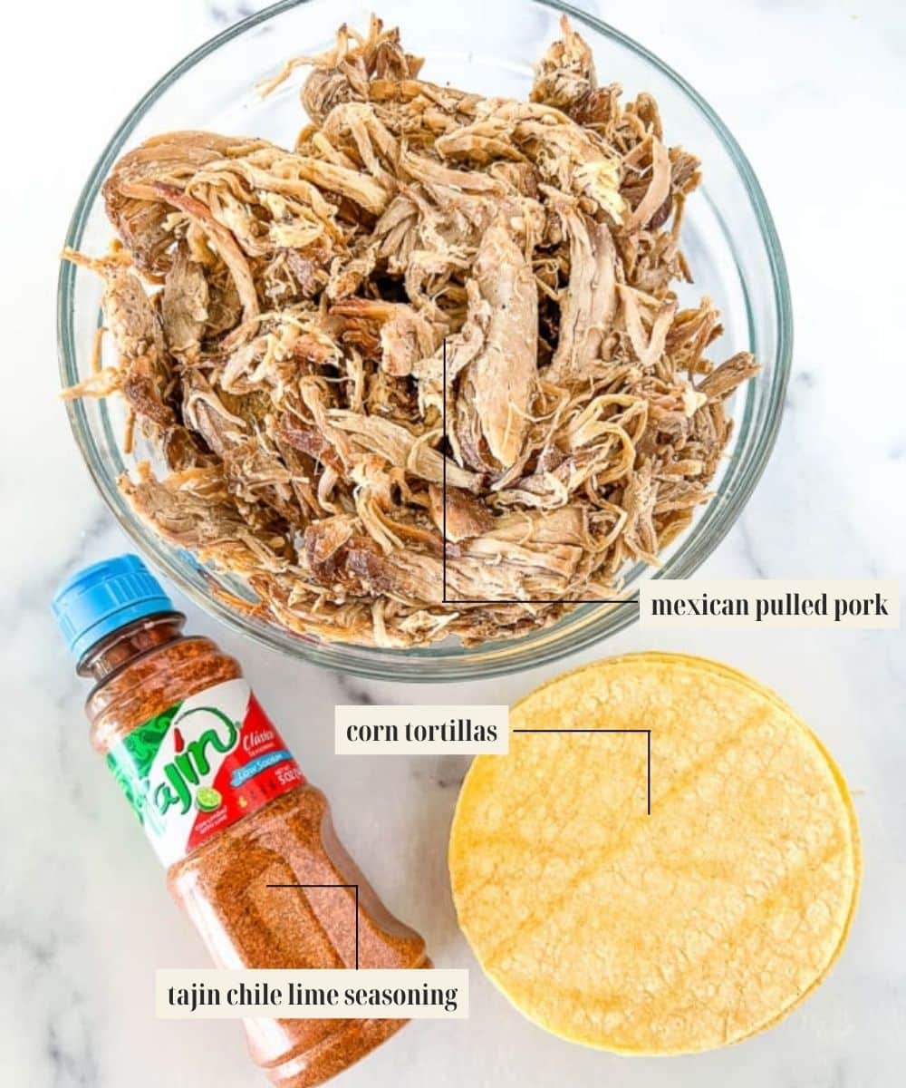 Labeled ingredients for pork tacos.