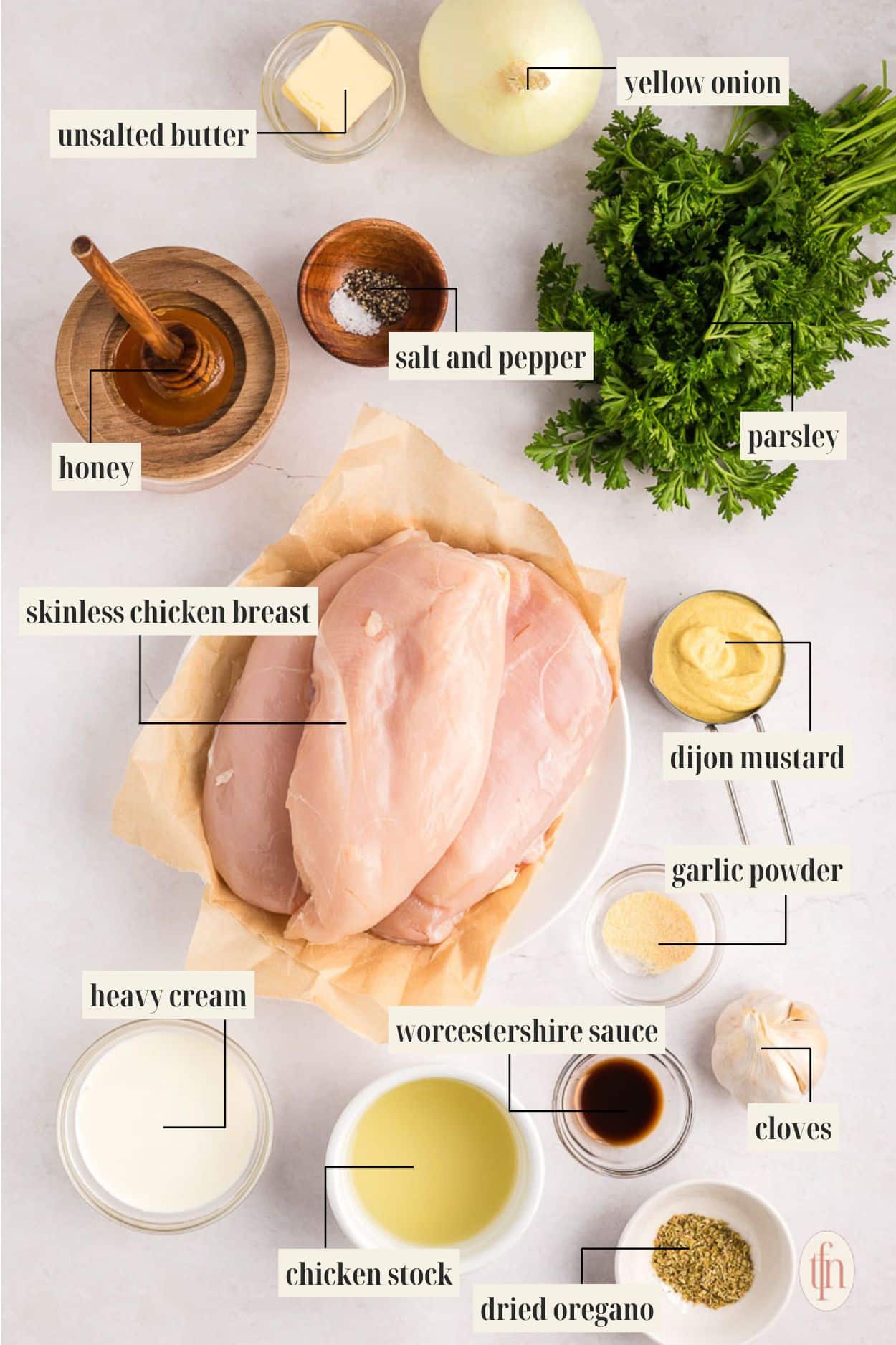 Labeled ingredient image for honey mustard chicken recipe.