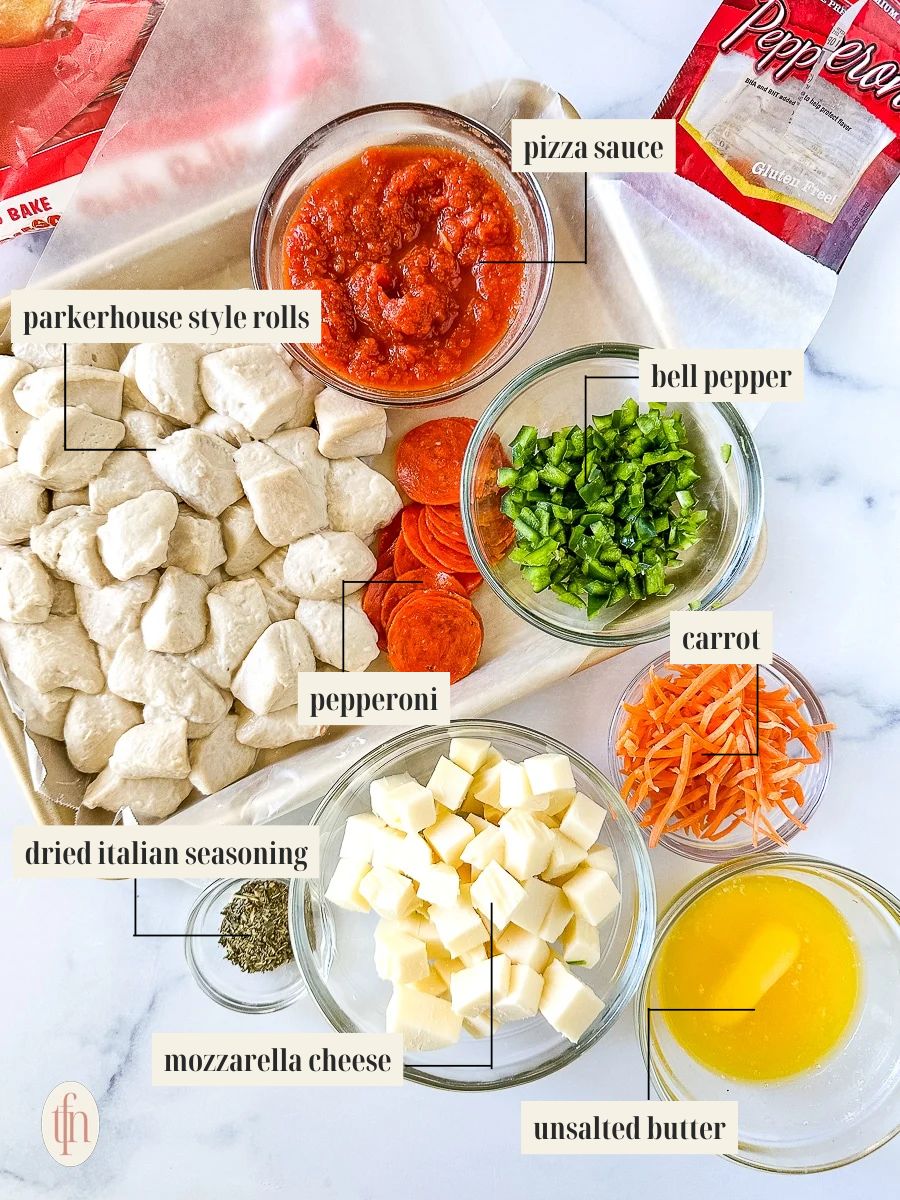 Labeled ingredient image for pizza monkey bread recipe.