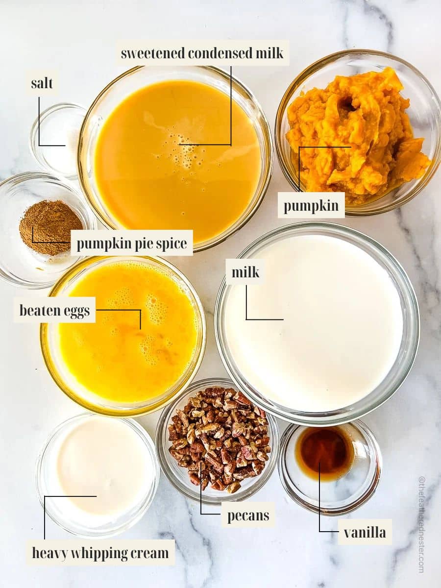 Labeled ingredient image for pumpkin custard recipe.