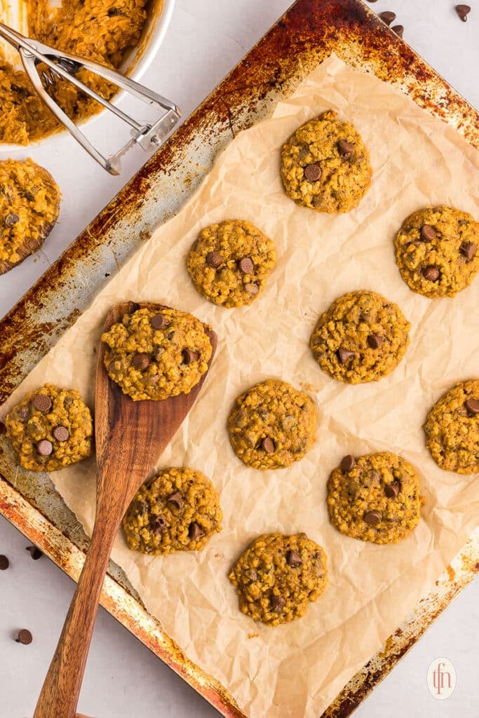 freshly baked cookies on a parchment lined backing sheet.