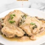 A vertical image with the title "SMOTHERED chicken thighs" at the top. The image is a close-up of two bone-in chicken thighs covered in a creamy, savory onion and mushroom gravy, served on a white plate. The website "TheFeatheredNester.com" is at the bottom.