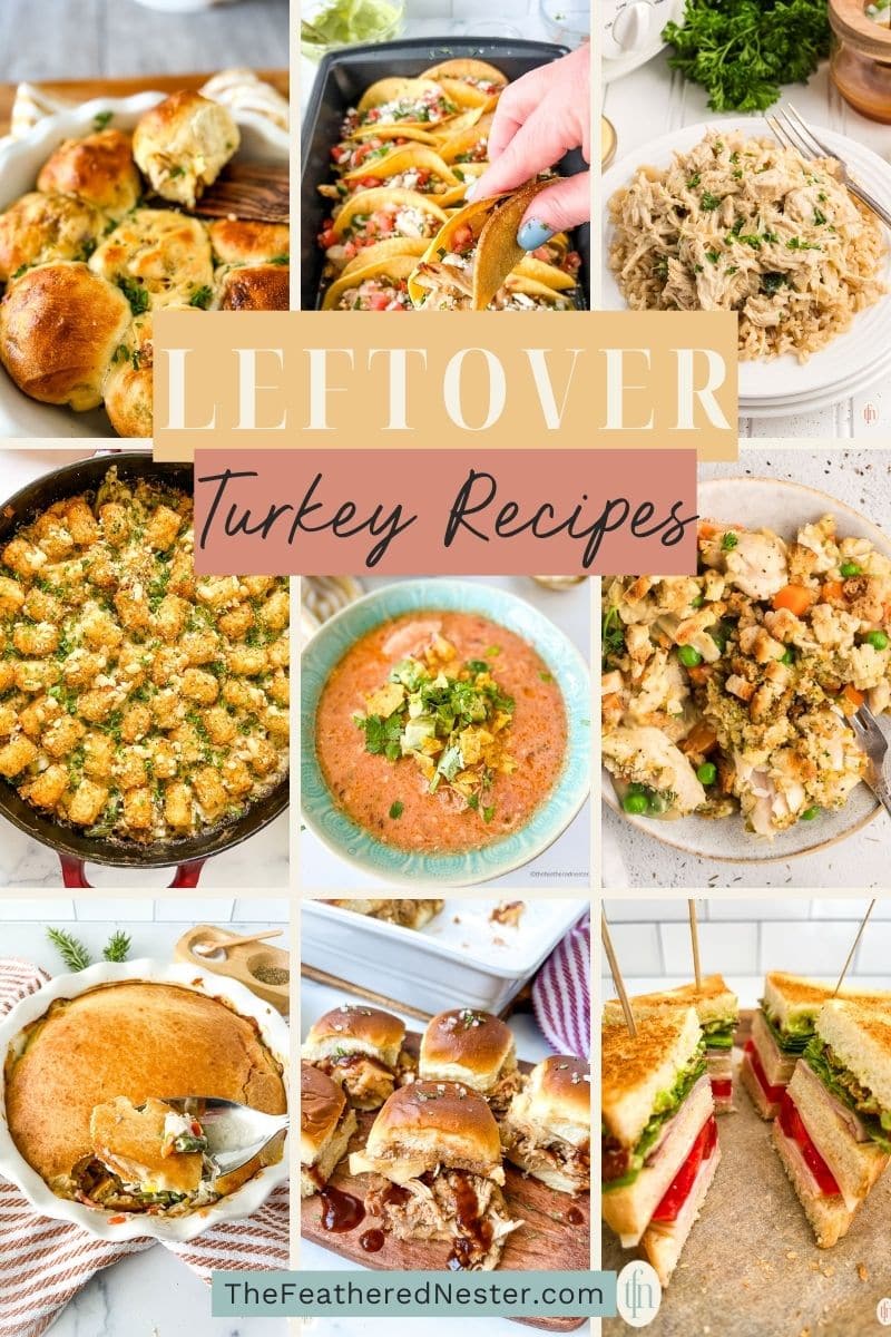 Titled graphic collage of 9 leftover turkey food images.