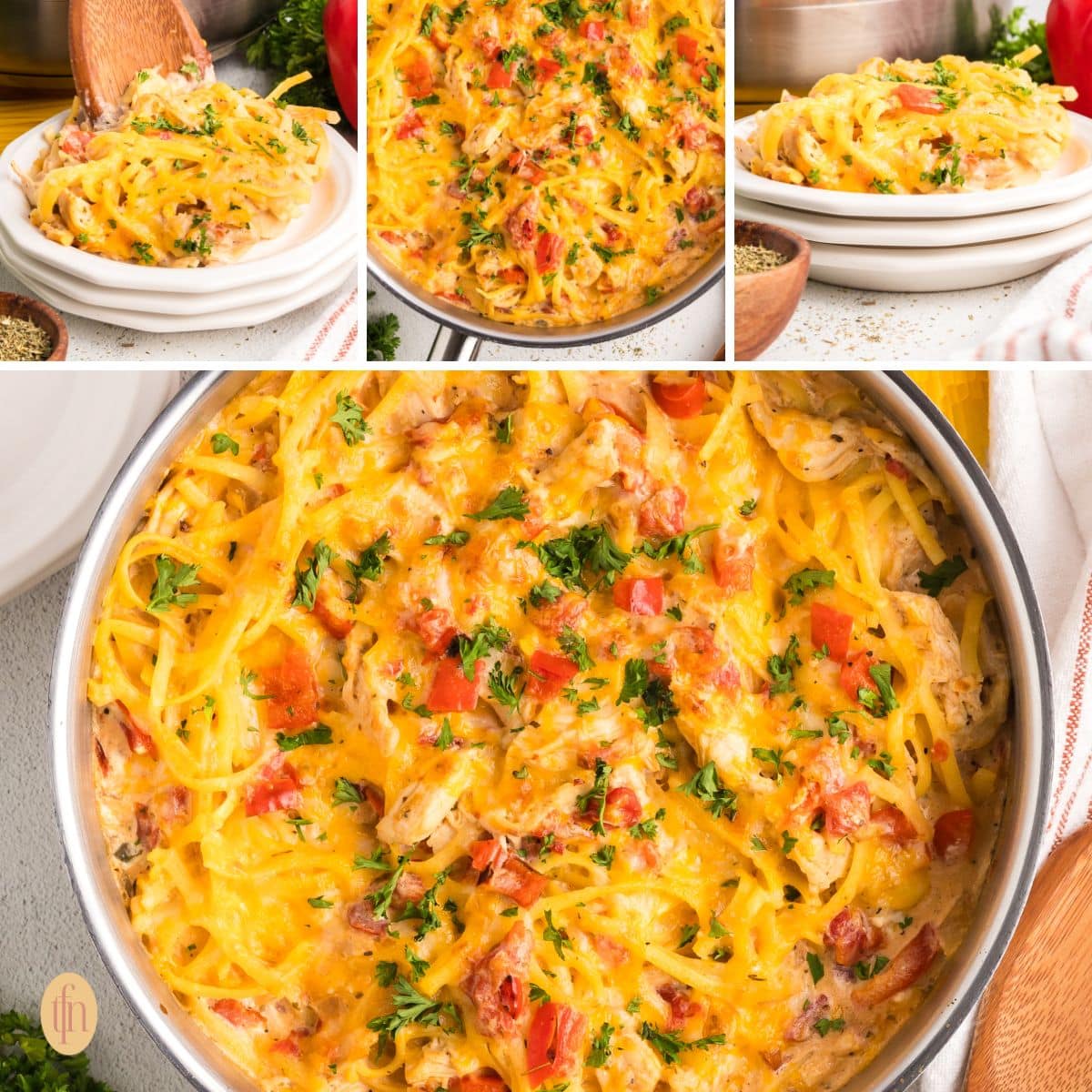 A 4 image collage of cheese spaghetti.