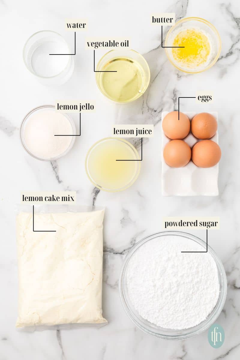 Labeled ingredients for lemon cake recipe.