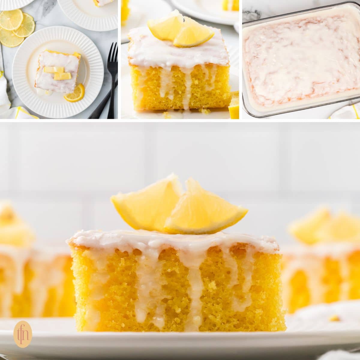 A collage of 4 lemon cake images.