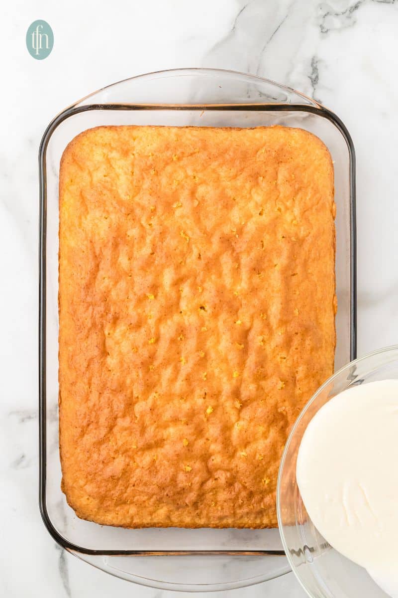 A glass pan of cake.