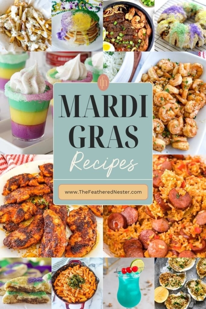 A titled graphic collage of 12 mardi gras food images.