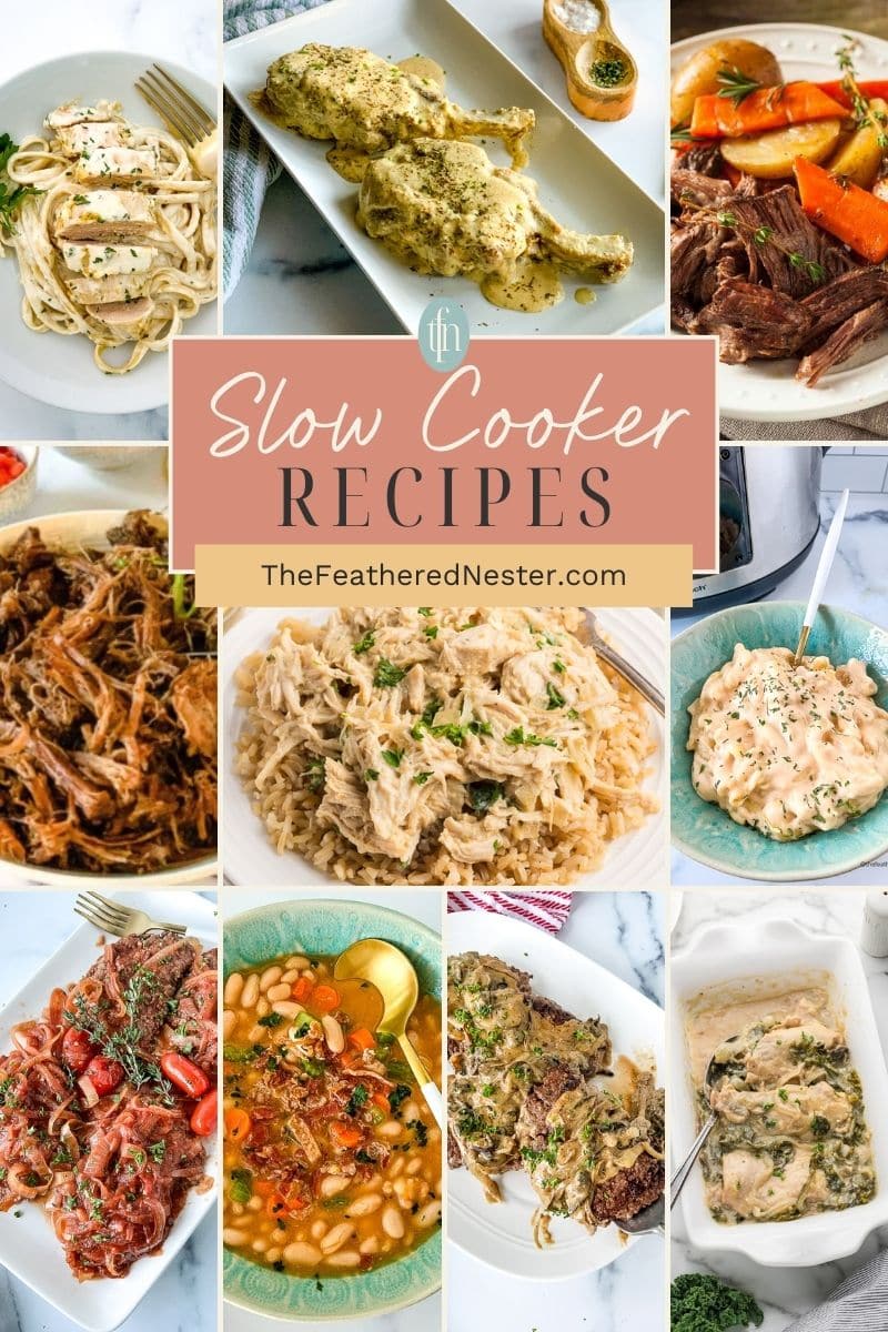 Titled graphic image for slow cooker recipes with a collage of 10 dinner images.