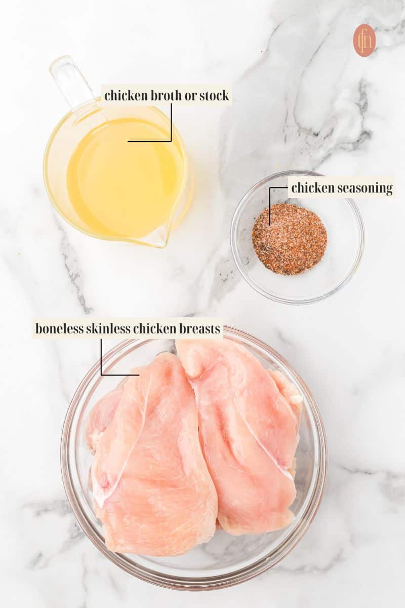 Labeled ingredient image for shredded chicken recipe.