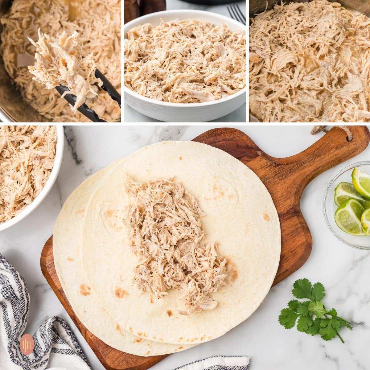 A collage of 4 shredded chicken images.