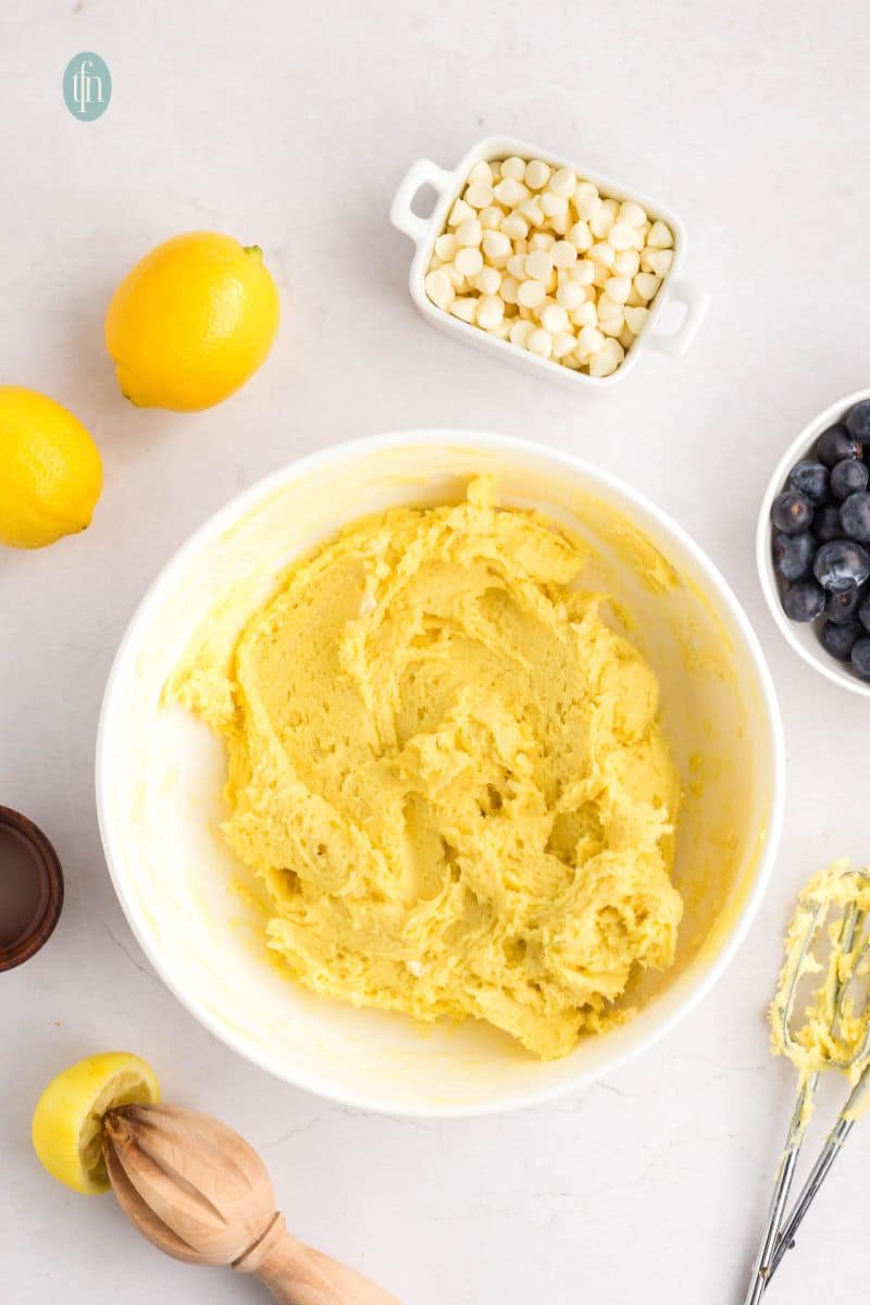 A creamed batter in a white bowl.