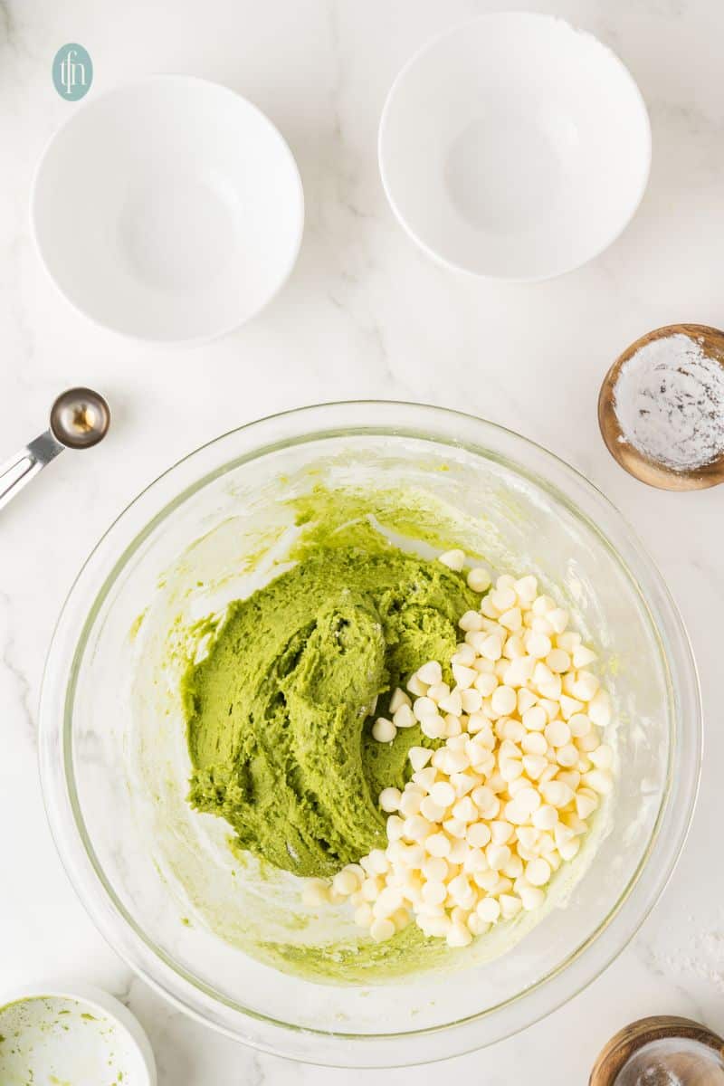 Green batter with white chocolates.
