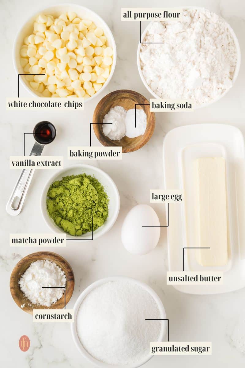 Labeled ingredient image for matcha cookie recipe.