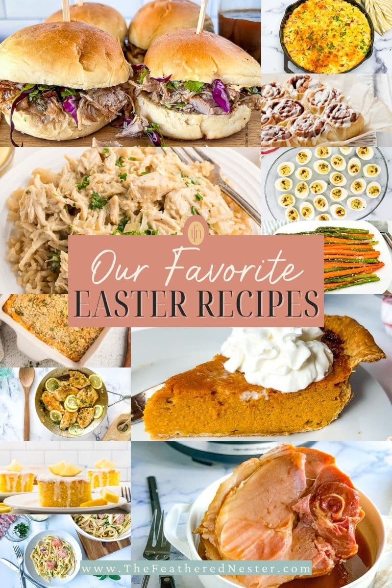 Titled graphic collage of 12 Easter food images.