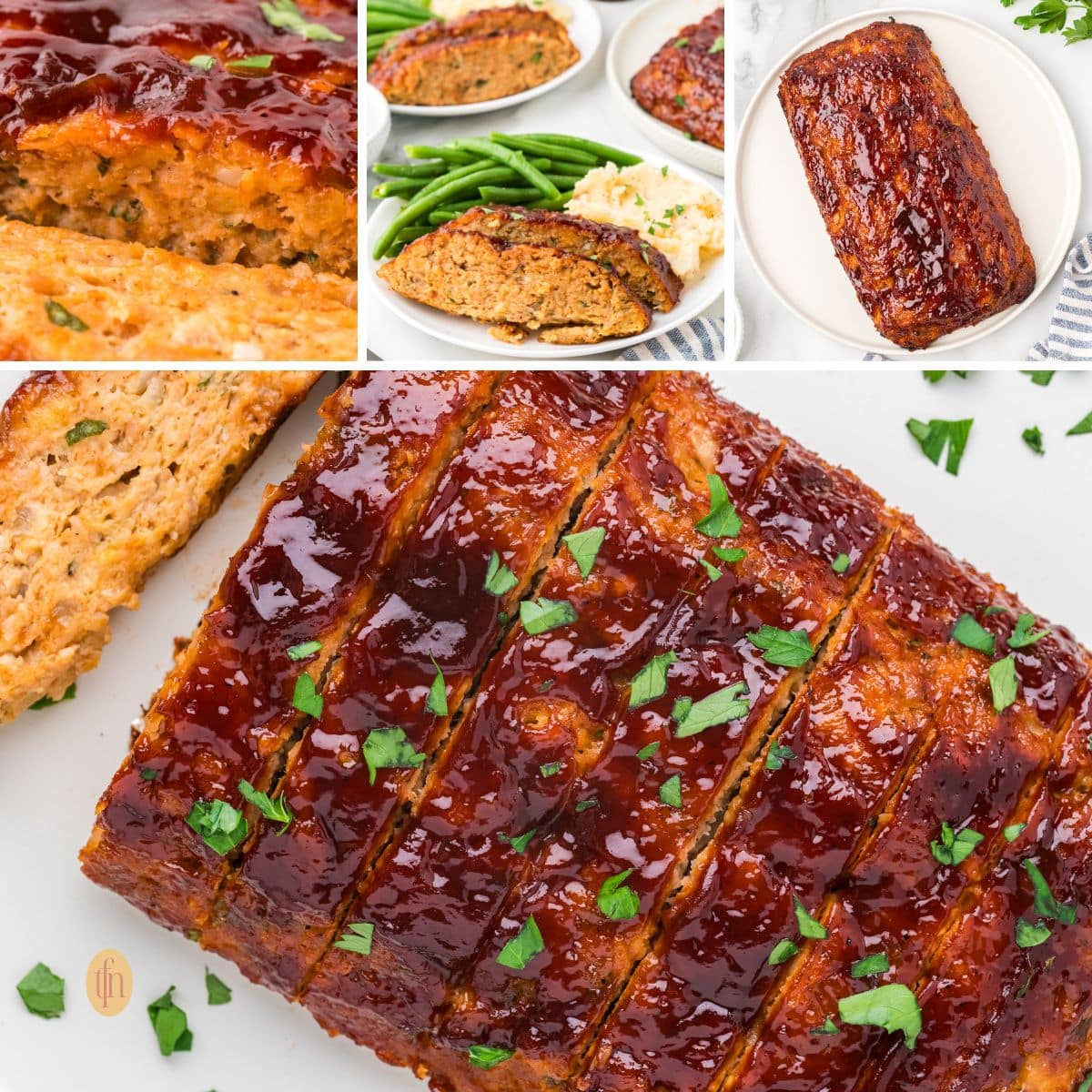 A collage of images of the finished chicken meatloaf. The large image shows the sliced, glazed loaf on a platter, and smaller inset images show close-ups and a plated serving with green beans and mashed potatoes.