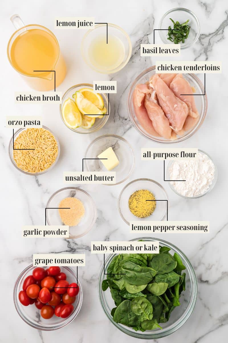 Labeled ingredient image for chicken and orzo recipe.