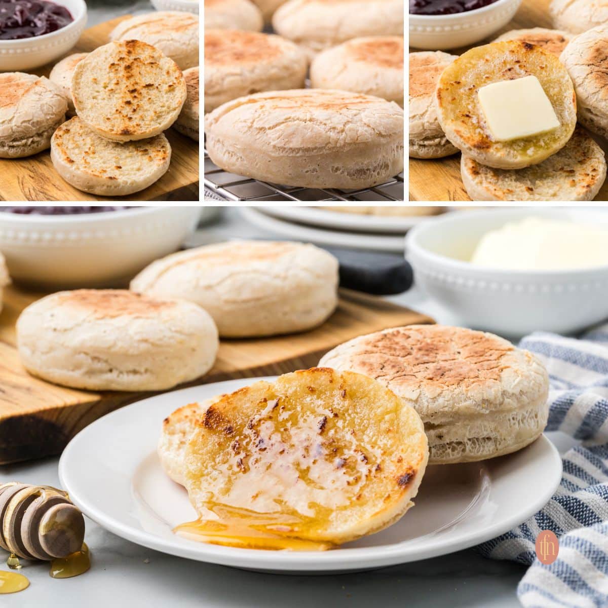 A collage of 4 English muffin images.