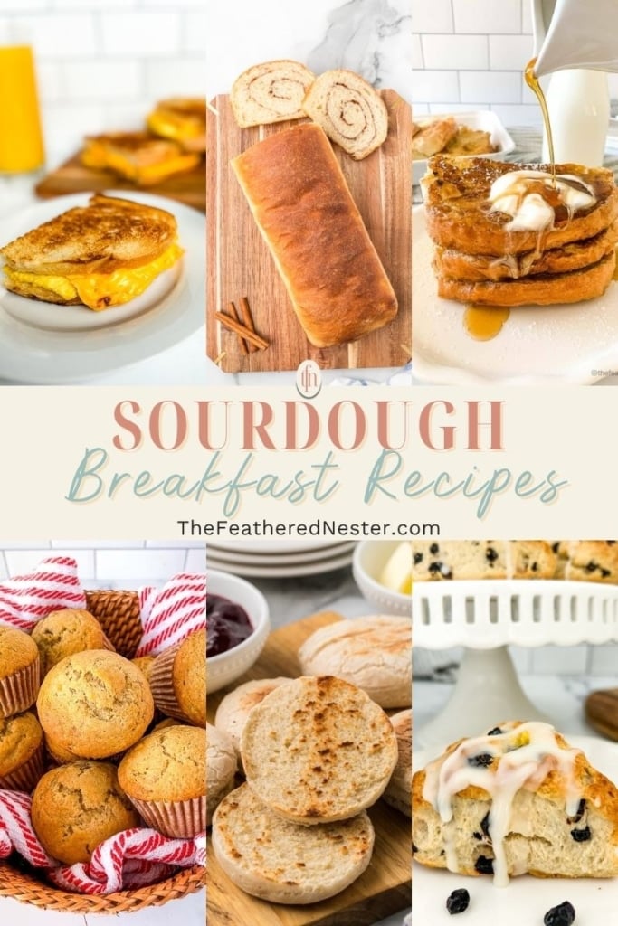 Titled graphic collage of 6 sourdough breakfast food images.