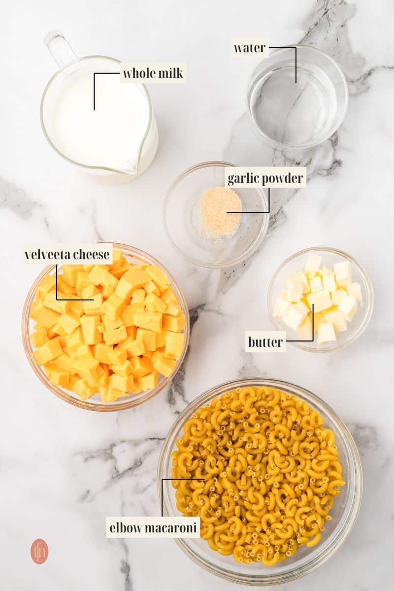 Labeled ingredient image for mac and cheese recipe.