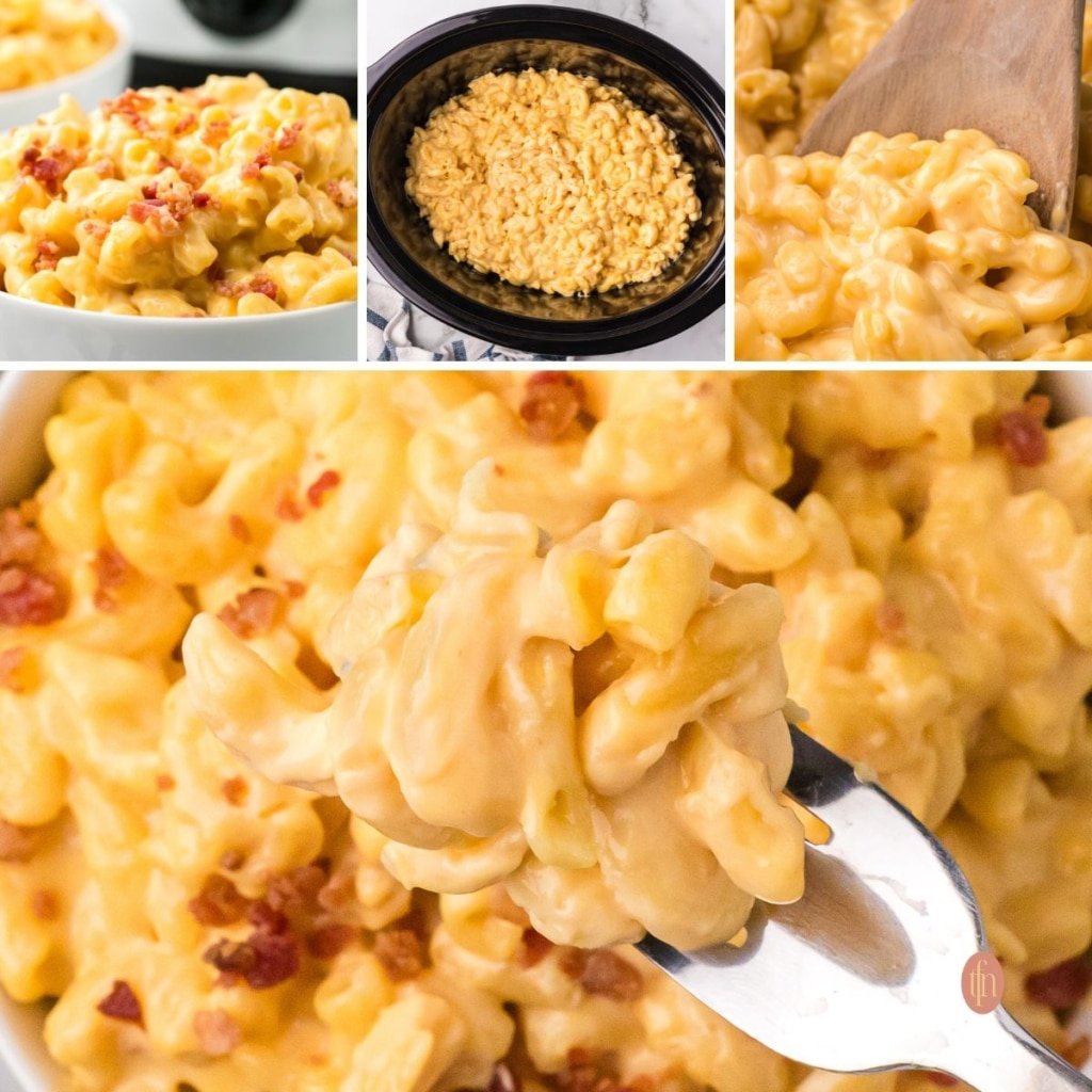A collage of 4 mac and cheese images.