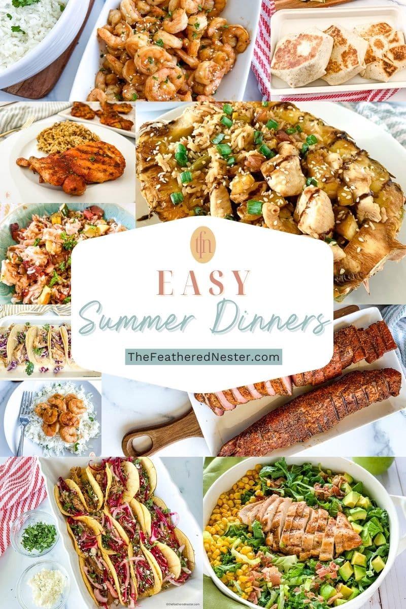 Titled graphic collage of 10 summer dinner food images.