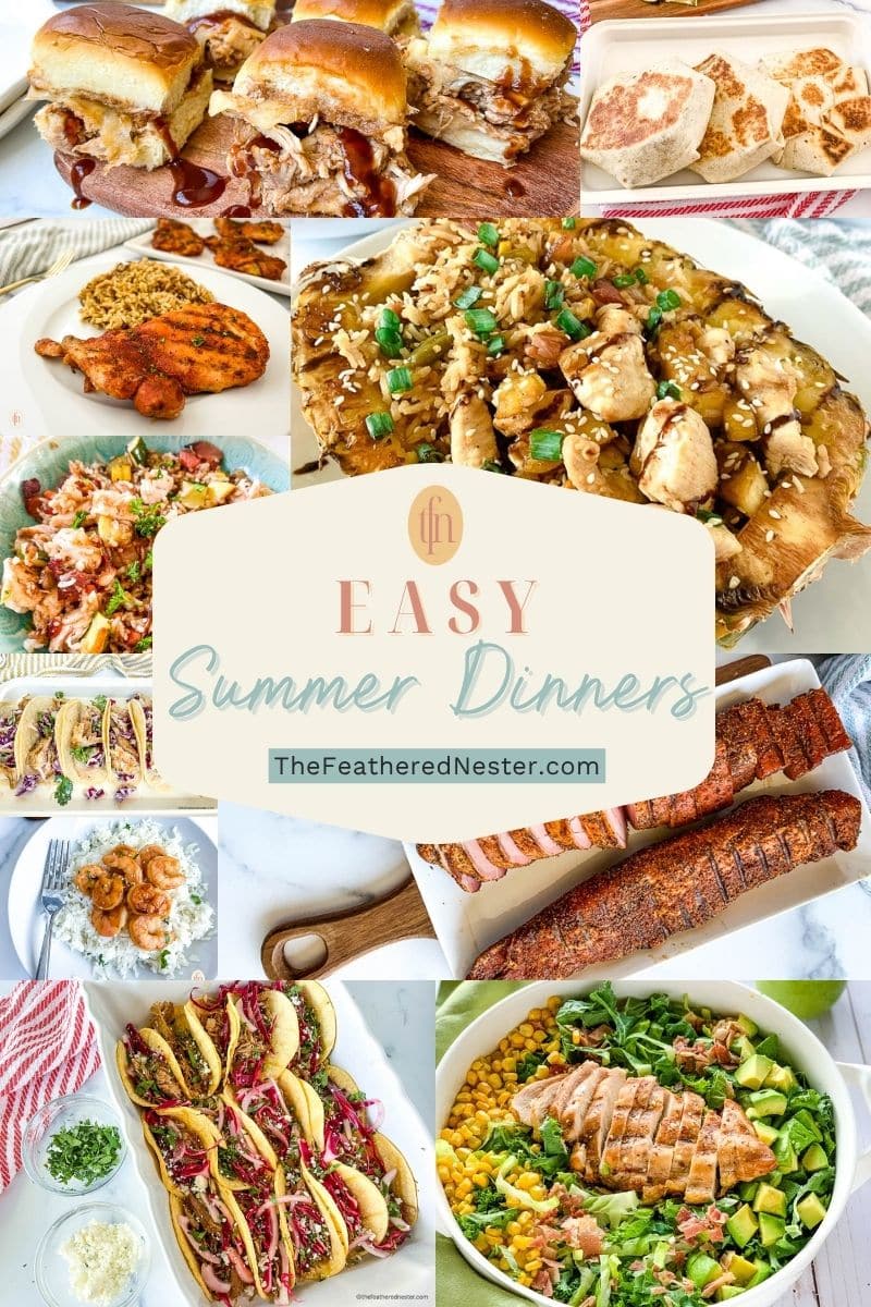 Titled graphic collage of 10 summer dinner food images.