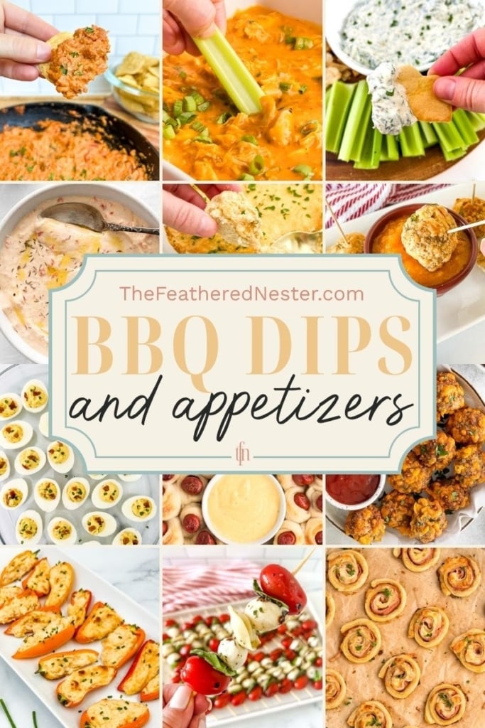 Titled graphic collage of 12 dip and appetizer images.