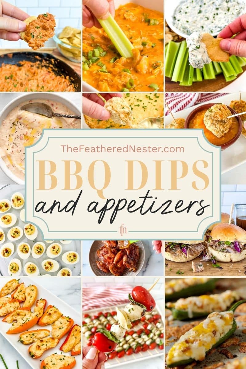 Titled graphic collage of 12 dip and appetizer images.