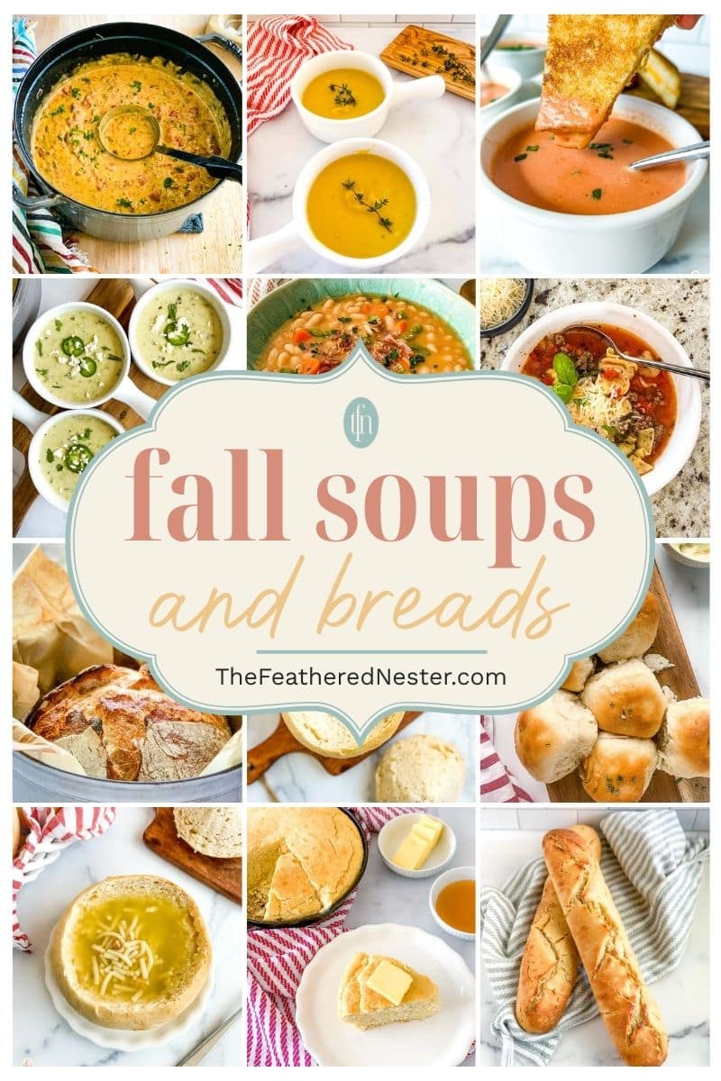 Titled graphic collage of 12 soup and bread images.