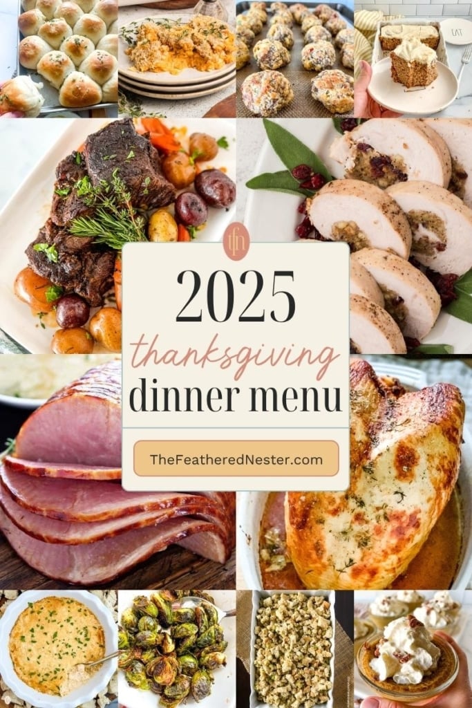 Featured recipes for a 2025 Thanksgiving dinner menu. Dishes include roasted beef, sliced ham, stuffed turkey breast, classic sides, and desserts.