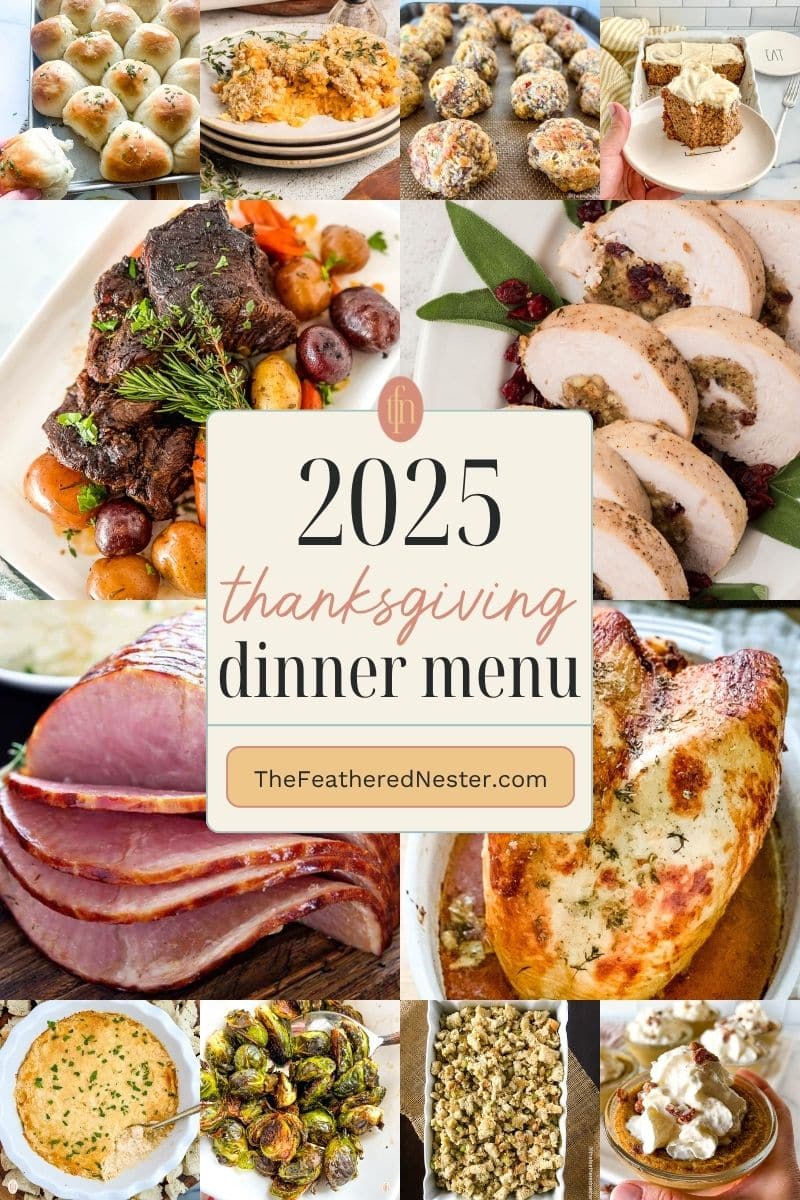 Featured recipes for a 2025 Thanksgiving dinner menu. Dishes include roasted beef, sliced ham, stuffed turkey breast, classic sides, and desserts.