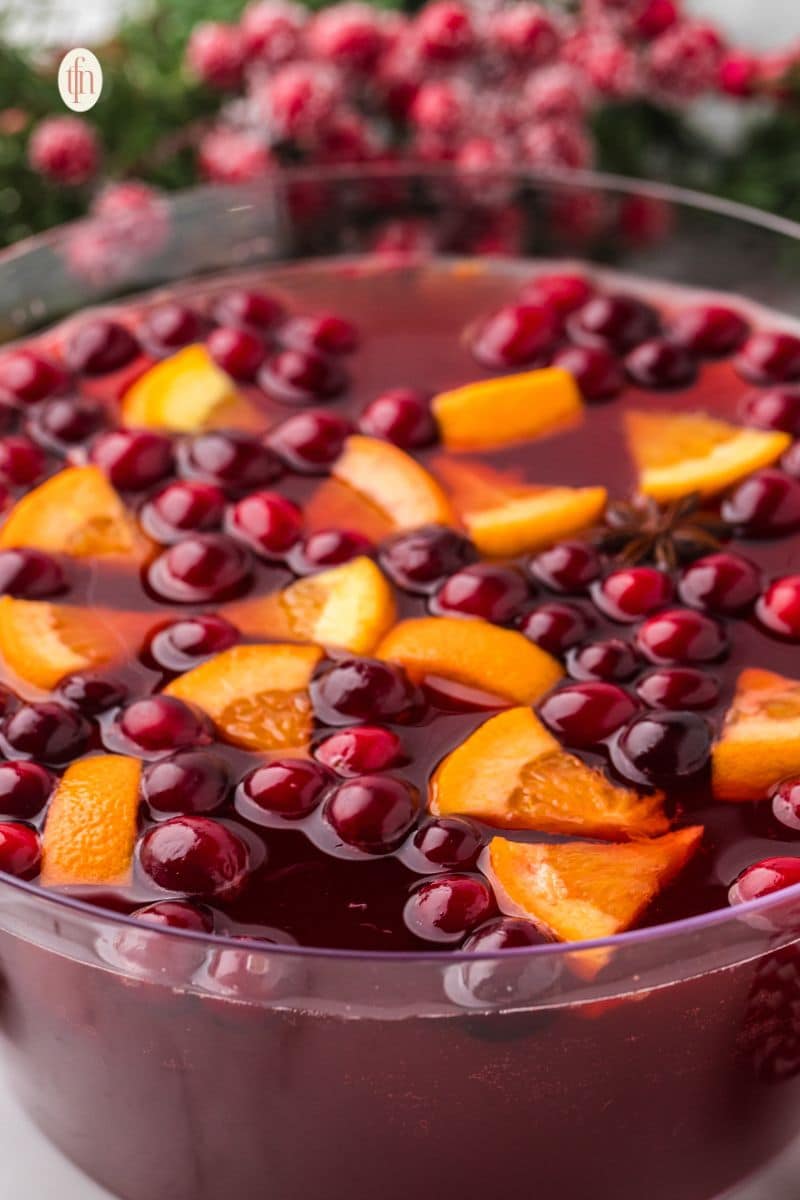 A beautiful non-alcoholic Christmas punch in a glass bowl, floating with bright red cranberries, orange slices, and a whole star of anise.