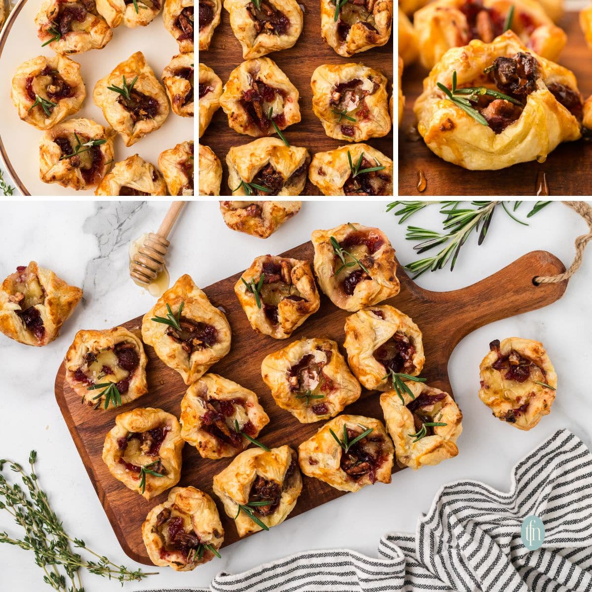 Photo collage combining three close-up views of the Cranberry Brie Bites, showing a full plate, a tight grouping of the pastries, and an extreme close-up of a single honey-drizzled bite.