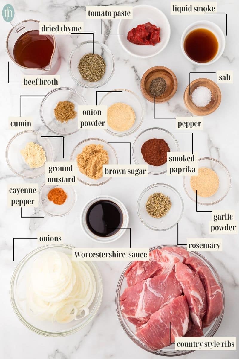 a graphic image with labels of the ingredients for slow cooker country style ribs.