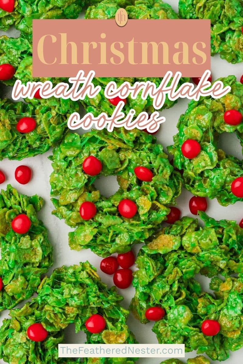 a graphic for Pinterest of Christmas wreath cornflake cookies.