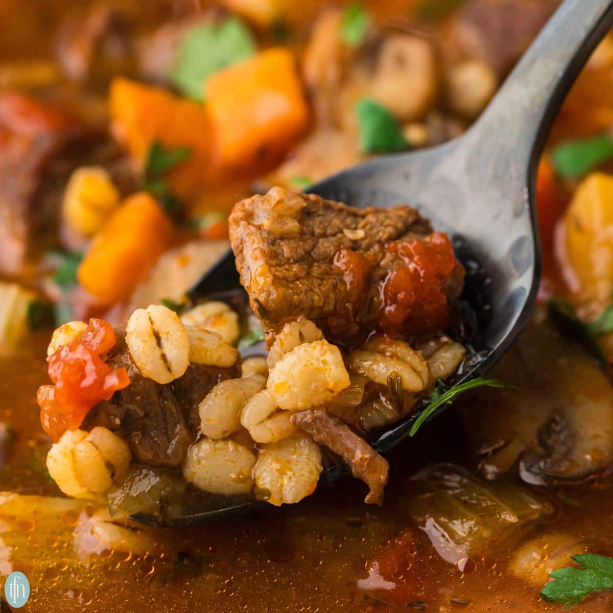 a close up shot of instant pot beef and barley soup in a spoon.