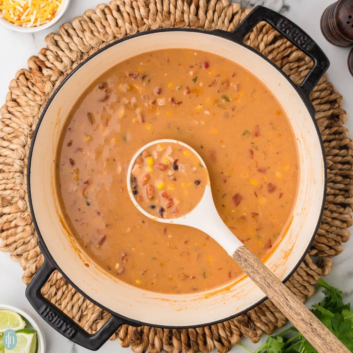 chicken taco soup in a Dutch oven.