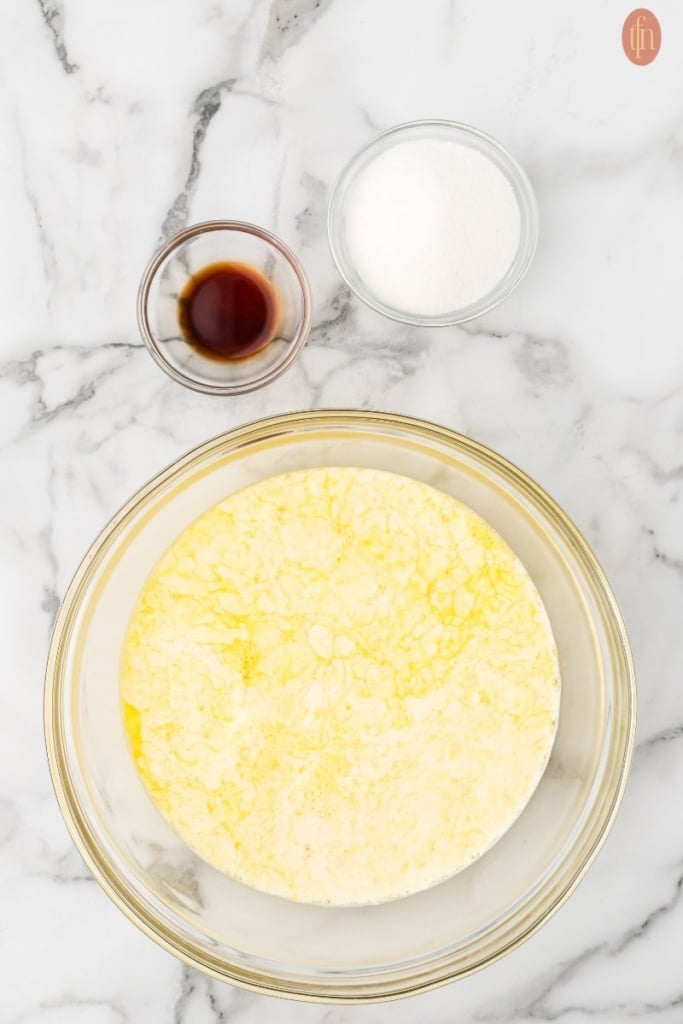 a bowl of brioche casserole ingredients.