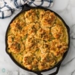 cheddar bay biscuit chicken pot pie in a pan.