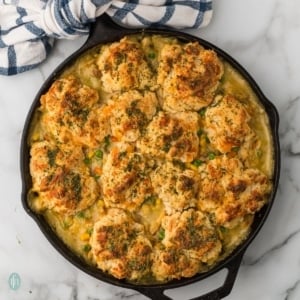 cheddar bay biscuit chicken pot pie in a pan.