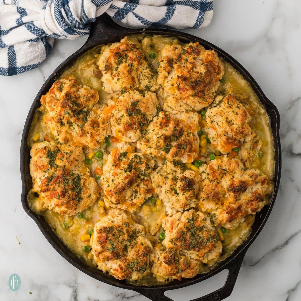 cheddar bay biscuit chicken pot pie in a pan.