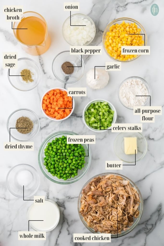 cheddar bay biscuits chicken pot pie Ingredient Image: chicken broth, onion, dried sage, black pepper, frozen corn, garlic, carrots, celery stalks, all purpose flour, dried thyme, frozen peas, butter, salt, whole milk and cooked chicken.