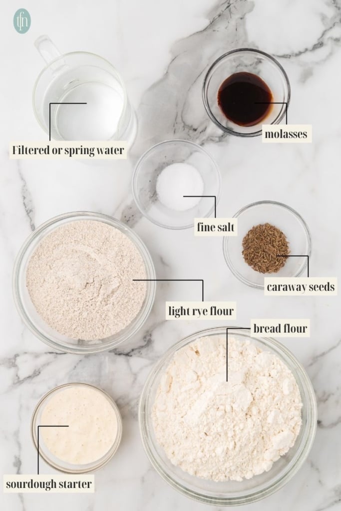 sourdough rye bread Ingredient Image: filtered or spring water, molasses, fine salt, caraway seeds, light rye flour, bread flour and sourdough starter.